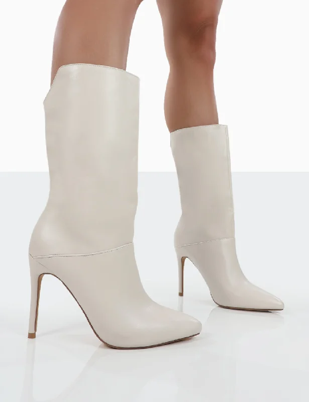 Trendy white ankle boots-Lisel Ecru PU Pointed Toe Stiletto Heeled Ankle Boots