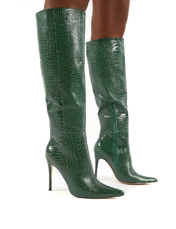 Stylish combat boots for fall-Aimi Green Croc Knee High Stiletto Heel Boots