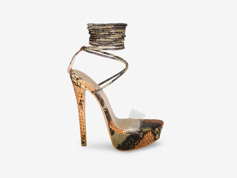 Elegant sandal heels for weddings-Tarsha - Brown Snake Print Tie Up Platform Heel