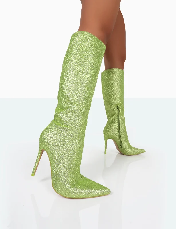 Elegant kitten heel pumps-Diva Lime Glitter Pointed Toe Stiletto Knee High Boots