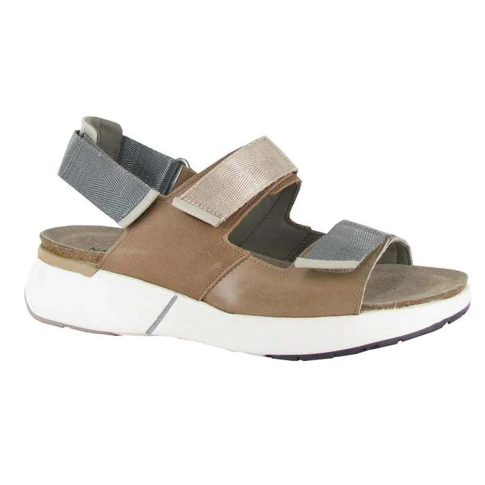 Casual espadrille wedges-Womens Naot Odyssey in Arizona Tan/ Latte Brown/Soft Ivory