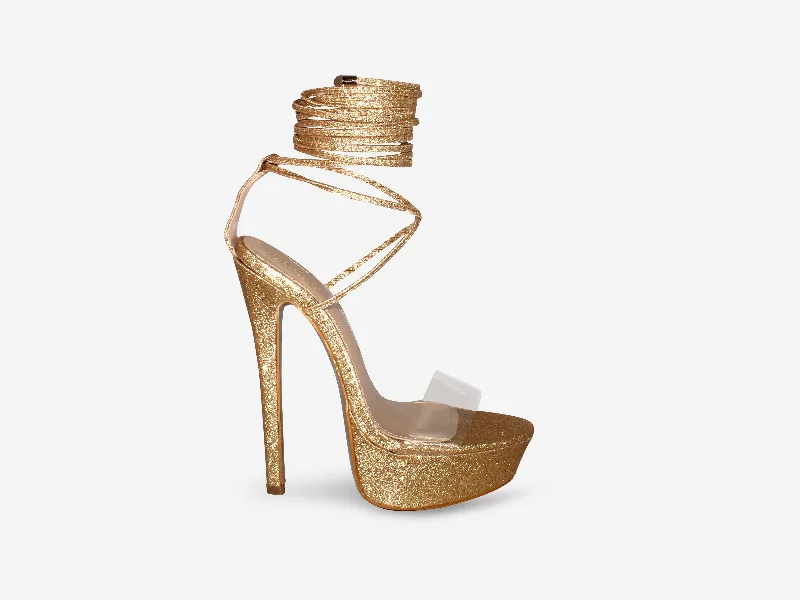 Vintage-inspired pumps for women-Tarsha - Gold Glitter Tie Up Platform Heel