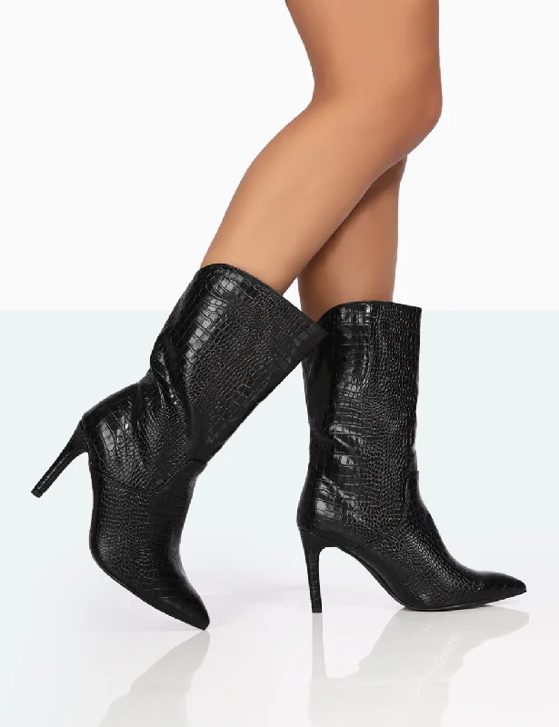 Elegant kitten heel pumps-Lisel Wide Fit Black Croc Pu Pointed Toe Stiletto Heeled Ankle Boots