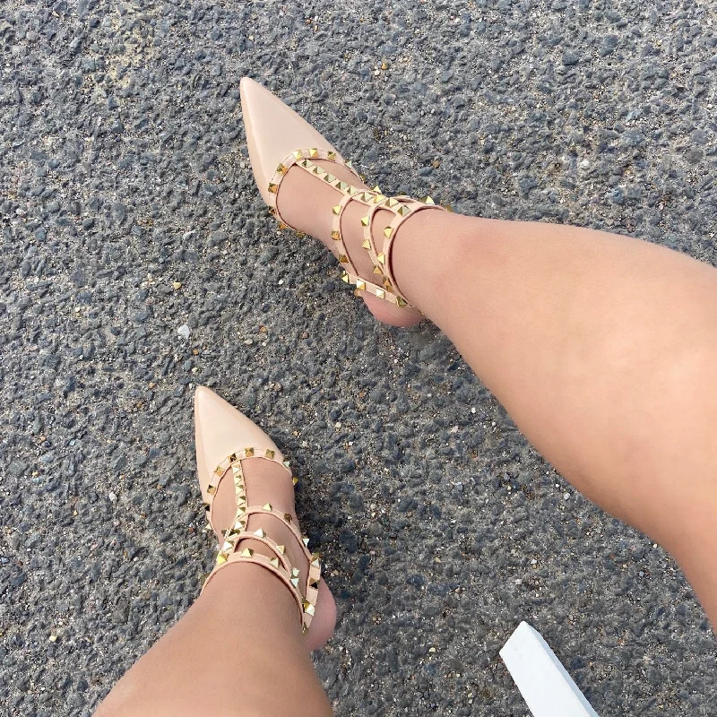 Elegant mule heels for women-Verity - Nude Patent with Nude Strappy Gold Studded Pointed Stiletto Heels