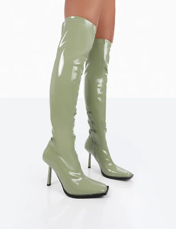 Luxury velvet pumps for women-Jenine Green Patent Over The Knee Stiletto Heeled Boots