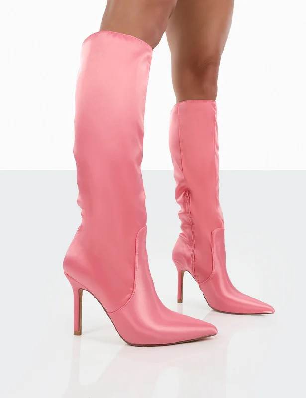 Stylish combat sneakers for fall-Best Believe Pink Satin Pointed Toe Stiletto Heeled Knee High Boots