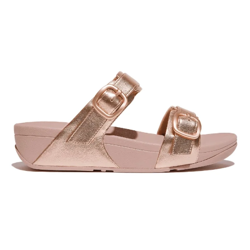 Casual running shoes for women-FitFlop Women's Lulu Adjustable-Buckle Metallic-Leather Rose Gold Slide