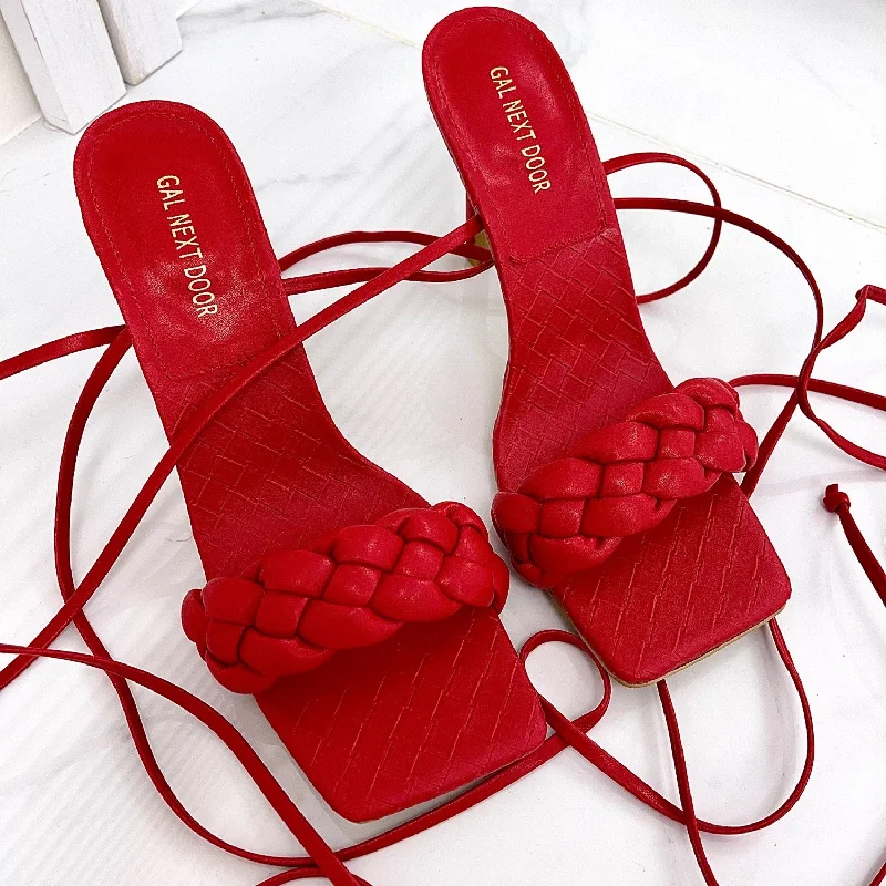 Affordable platform heels for women-Angelica - Red Woven Detail Tie-Up Low Mule Heels