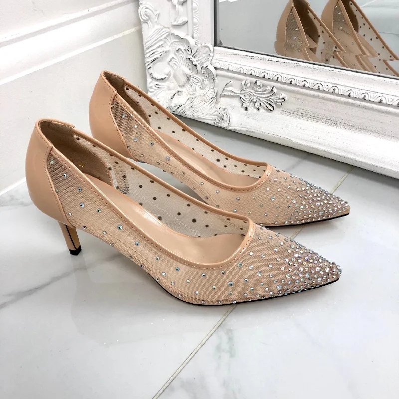 Elegant stiletto sandals for evening-Claudia - Nude Patent Mesh Diamante Pointed Toe Low Heels