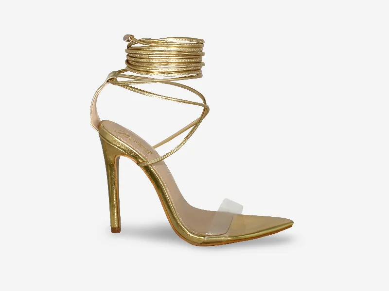 Casual white sandals for summer-Cara - Gold Metallic Perspex Pointed Toes Tie Up Heel