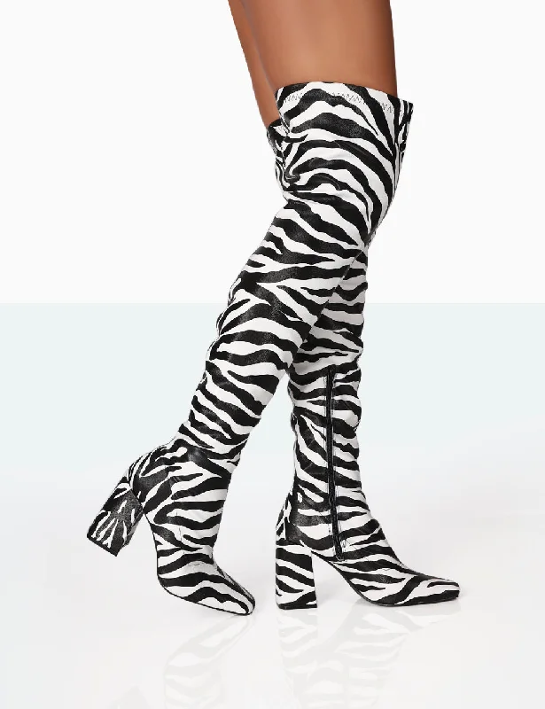 Casual slide shoes for summer-Meridian Zebra Grain PU Block Heel Over the Knee High Boots