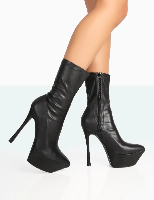 Casual slide shoes for summer-Vegas Black Grain Pointed Stiletto Platform Heeled Ankle Boots