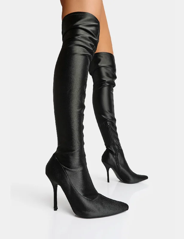 Casual flat boots for women-Instinct Black Lycra Pointed Toe Stiletto Over The Knee Boots