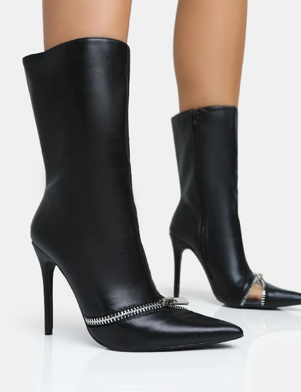 Trendy cowboy boots for women-Pitstop Black Pu Zip Detail Pointed Toe Stiletto Heel Ankle Boots