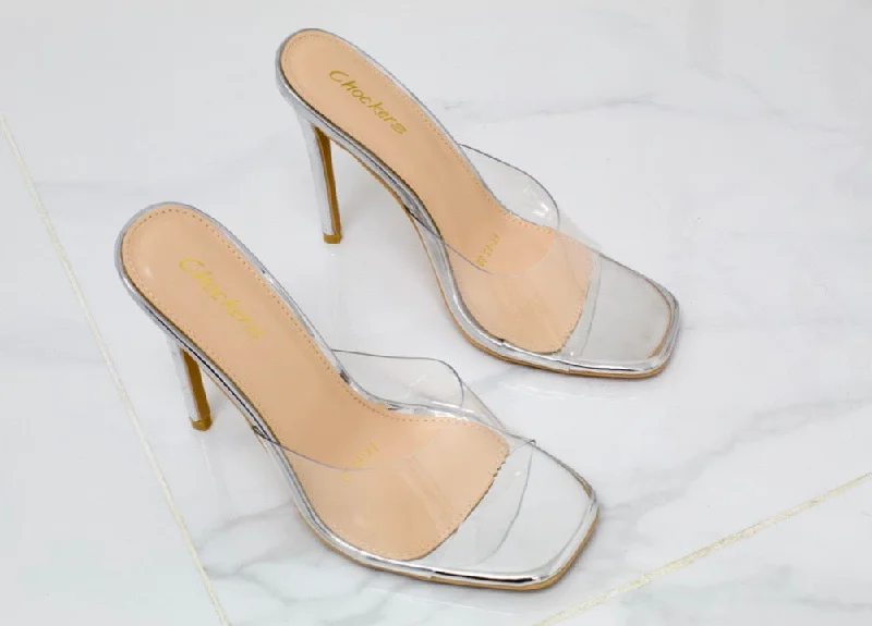 Luxury pointed-toe pumps-Vienna - Silver Perspex Barely There Square Toe Stiletto Heel