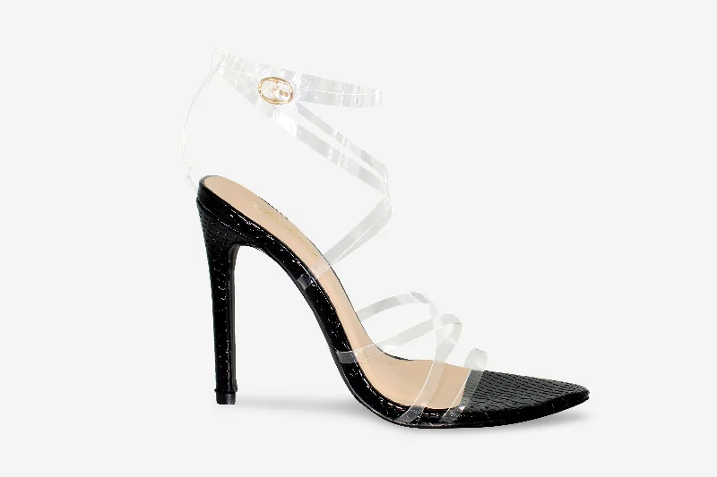 Katie - Black Patent Croc Print Pointed Toe Strappy Heel