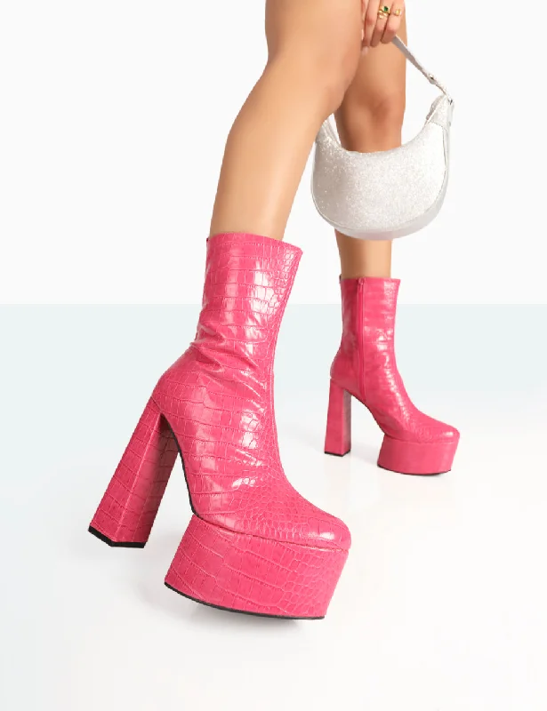 Luxury velvet ankle boots-Parker Pink Patent Croc Platform Pointed Toe Block Heeled Ankle Boots