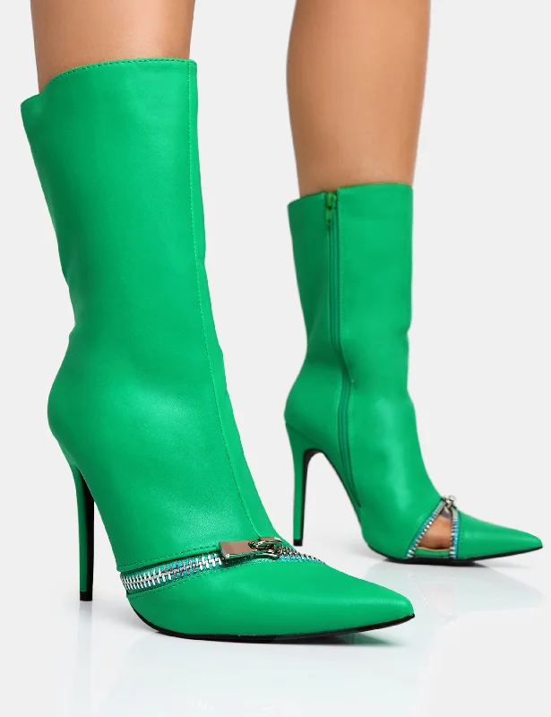 Affordable ballet flats for women-Pitstop Green Pu Zip Detail Pointed Toe Stiletto Heel Ankle Boots