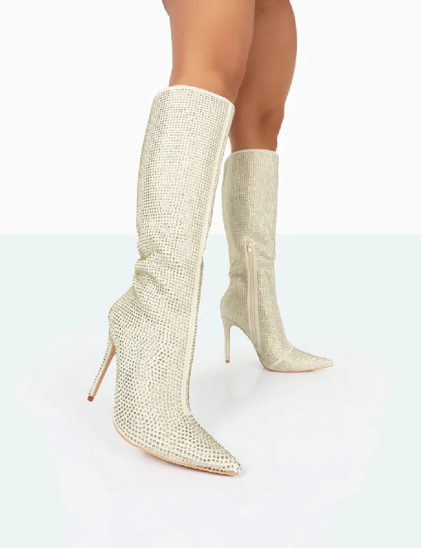 Stylish wedge boots for fall-Lexi Gold Diamante Stiletto Knee High Boots