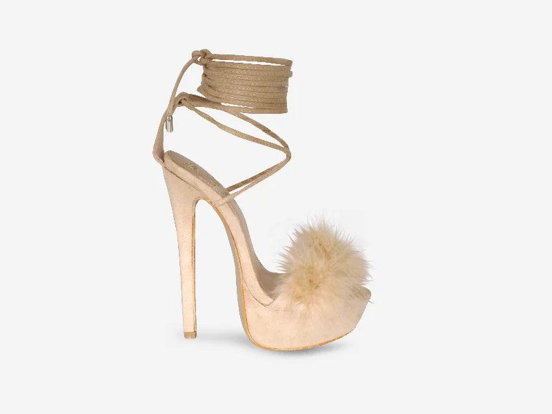 Elegant ankle strap heels-Veronica – Nude Faux Suede Fluffy Tie Up Platform Heel