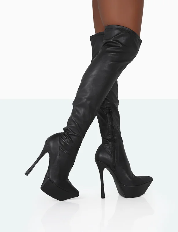 Designer espadrilles for summer-Trixie Black Grain Pu Stiletto Platform Over the Knee Boots