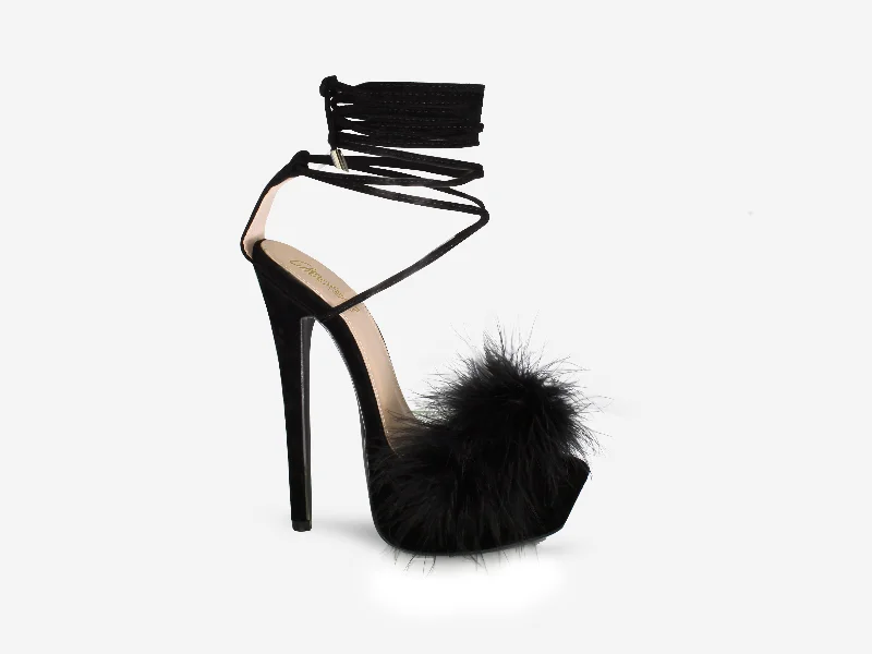 Luxury pointed-toe pumps-Veronica – Black Faux Suede Fluffy Tie Up Platform Heel