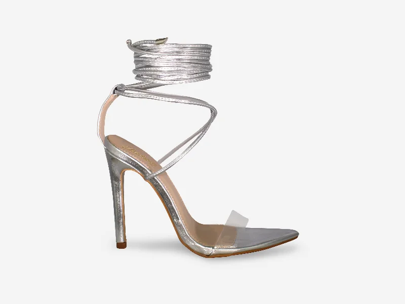 Luxury leather sneakers for women-Cara - Silver Metallic Perspex Pointed Toes Tie Up Heel