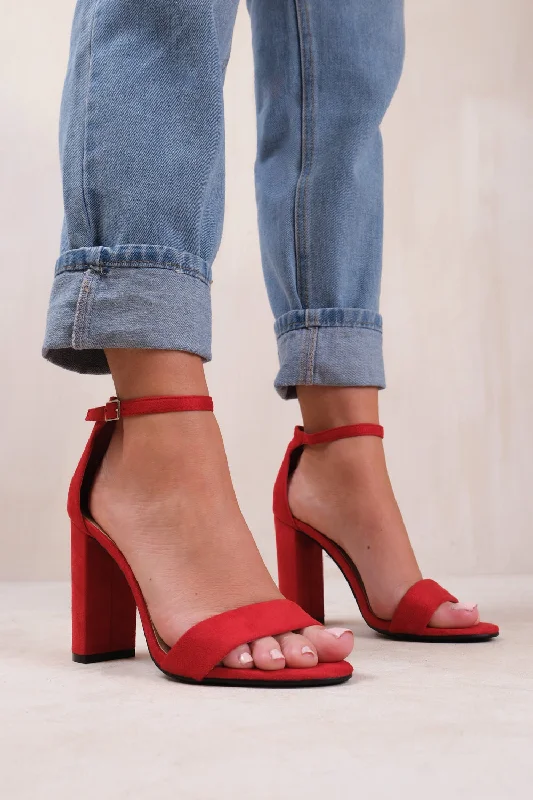 Elegant evening heels in black-SKYE STRAPPY BLOCK HEELS WITH BUCKLE IN ROUGE RED SUEDE