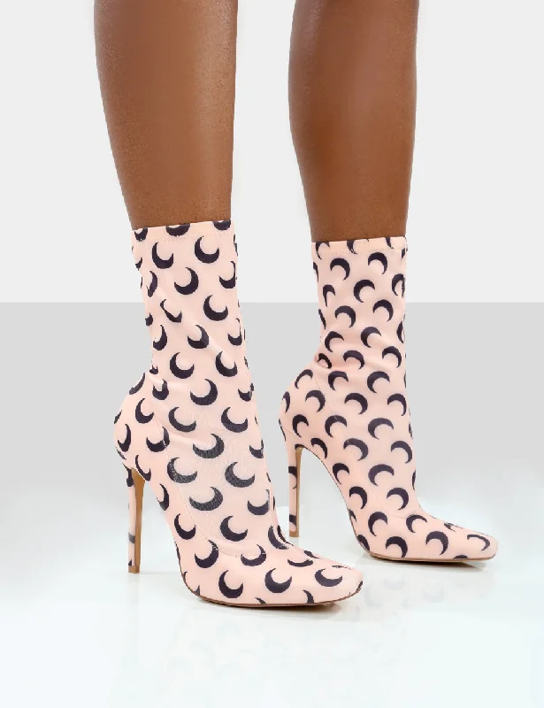 Designer knee-high boots on sale-Saturn Return Pink Pointed Toe Stiletto Printed Sock Boots