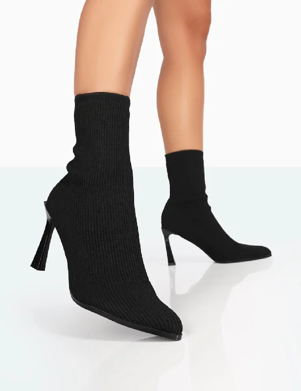 Soft leather sandals for summer-Farah Black Knitted Pointed Toe Stiletto Heel Ankle Sock Boots