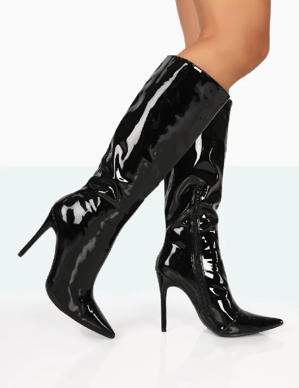 Designer knee-high boots on sale-Horizon Black Patent Stiletto Knee High Pointed Heeled Boots