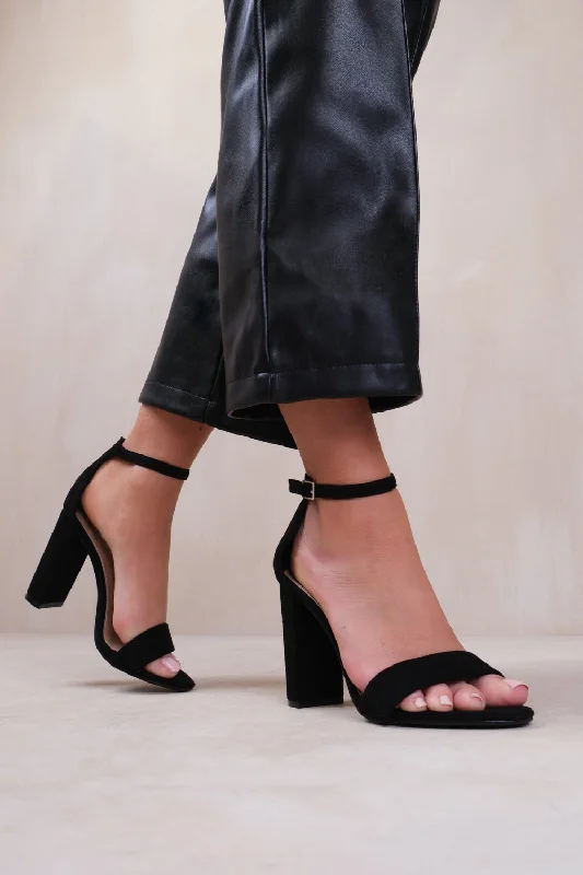 Casual canvas sneakers for women-SKYE STRAPPY BLOCK HEELS WITH BUCKLE IN BLACK SUEDE