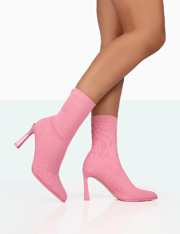 Trendy thigh-high boots for women-Farah Pink Knitted Pointed Toe Stiletto Heel Ankle Sock Boots