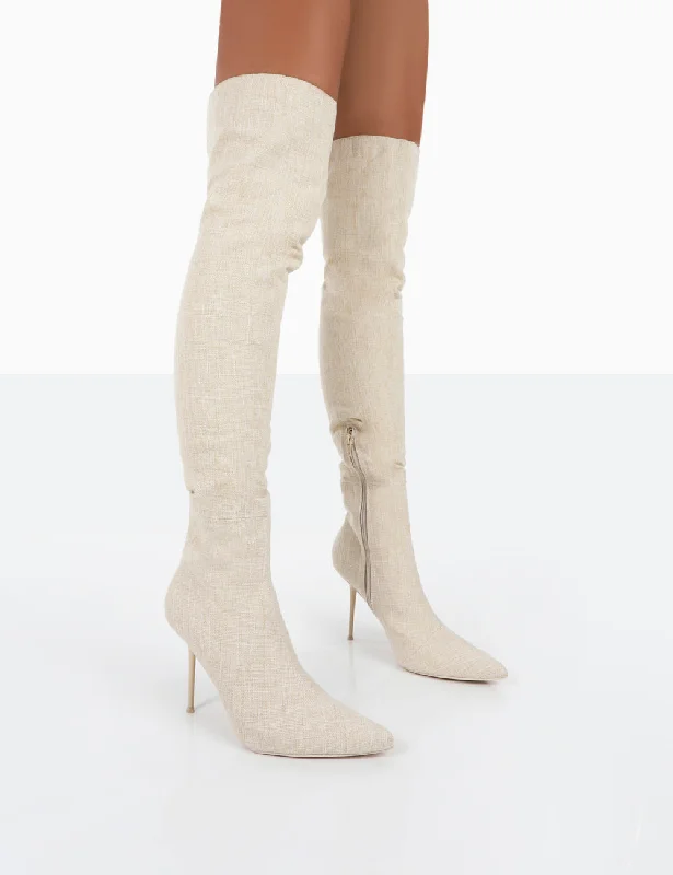 Designer leather pumps on sale-Tianna Natural Linen Pointed Toe Over The Knee Stiletto Boots