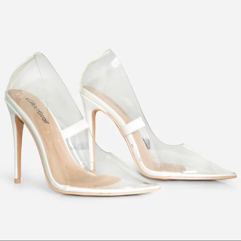 Elegant slingback heels for work-Kimmy - White Patent Perspex Court Stiletto Heel