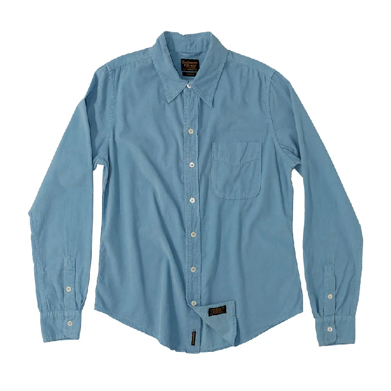 Elegant evening tops with lace-Long Sleeve Light Weight Corduroy Women's Single Pocket Shirt - Simple Blue #4314