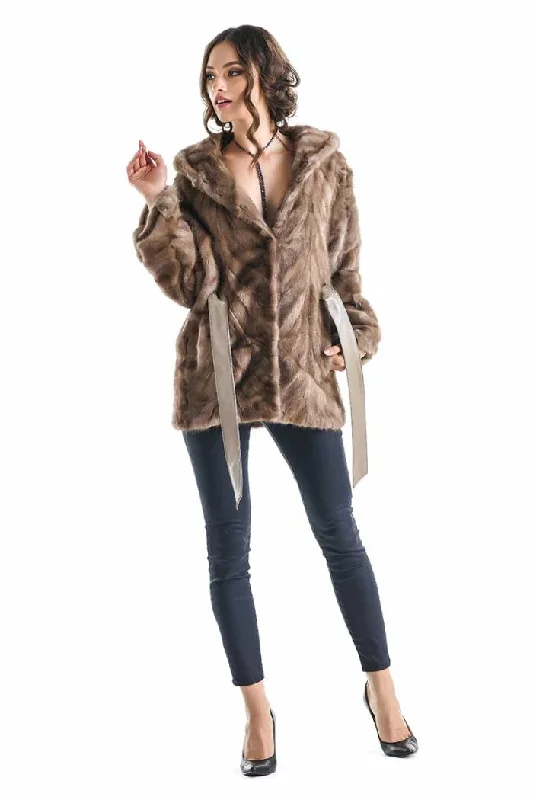 Affordable leather jackets for women-Taupe Hooded Genuine Mink Fur Coat with Leather Belt