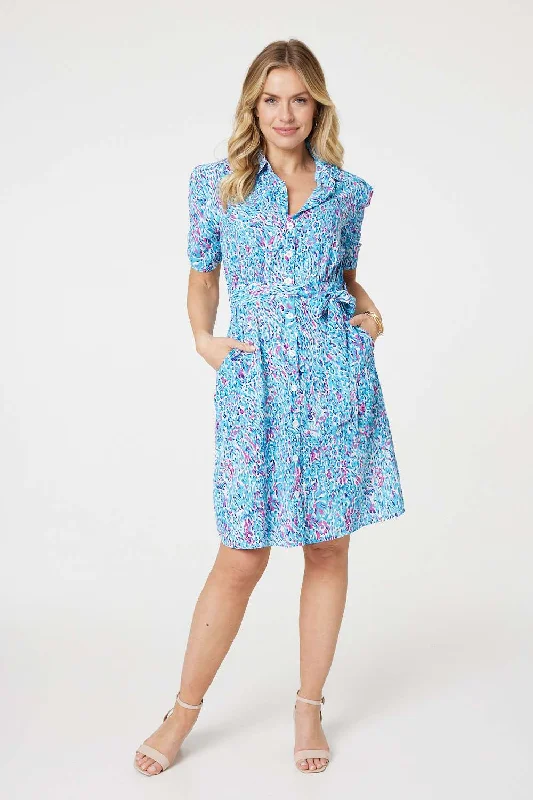 Chic blouses for casual Fridays-Printed Tie Waist Short Shirt Dress