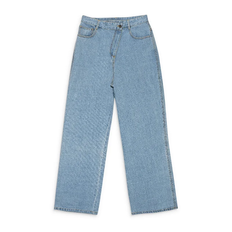 Chic high-waisted shorts-CALLIPYGIAN WASHED WIDE LEG SLANTED FLY BLUE WIDE-LEG JEANS