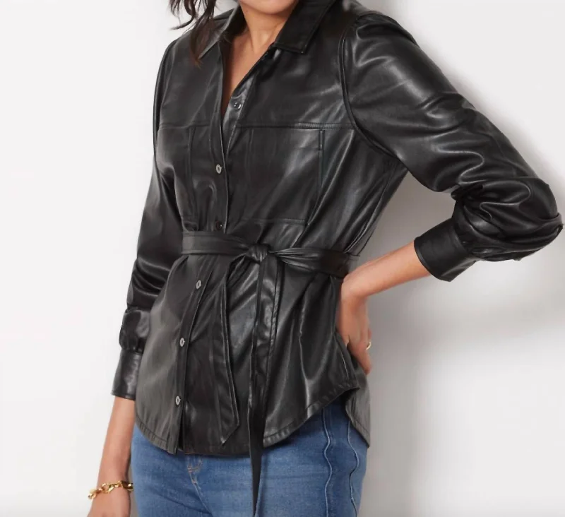 Trendy puffer jackets for winter-Belize Vegan Leather Shacket In Black