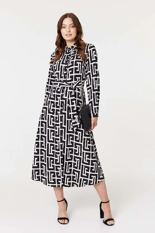 Trendy faux fur coats-Printed Tie Waist Midi Shirt Dress