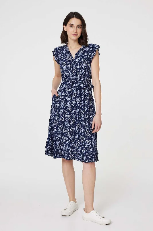 Affordable linen dresses for women-Ditsy Floral Tie-Waist Knee Length Dress