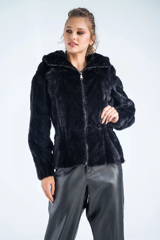 Designer blazers for office wear-Black Genuine Mink Fur Hooded Jacket