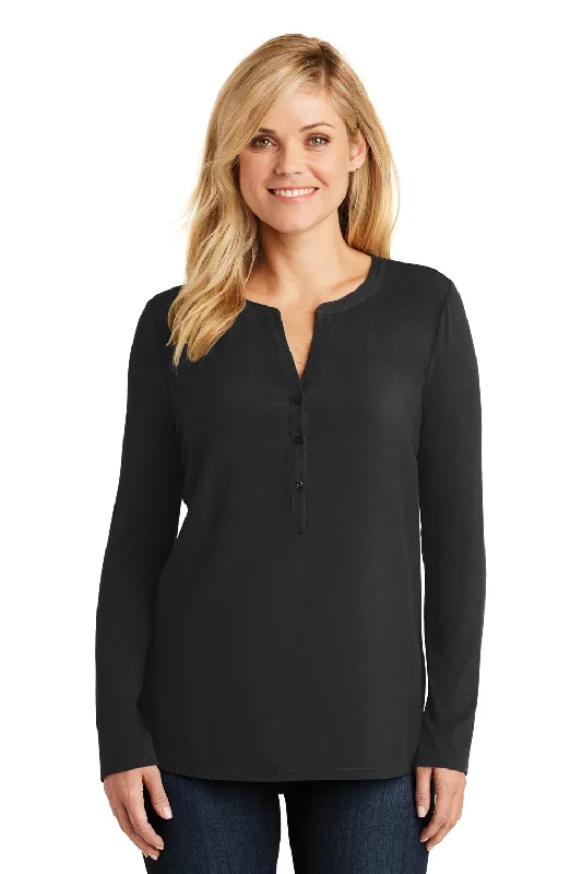 Elegant cocktail dresses in black-Port Authority Womens Concept Jersey Long Sleeve Henley T-Shirt - Black