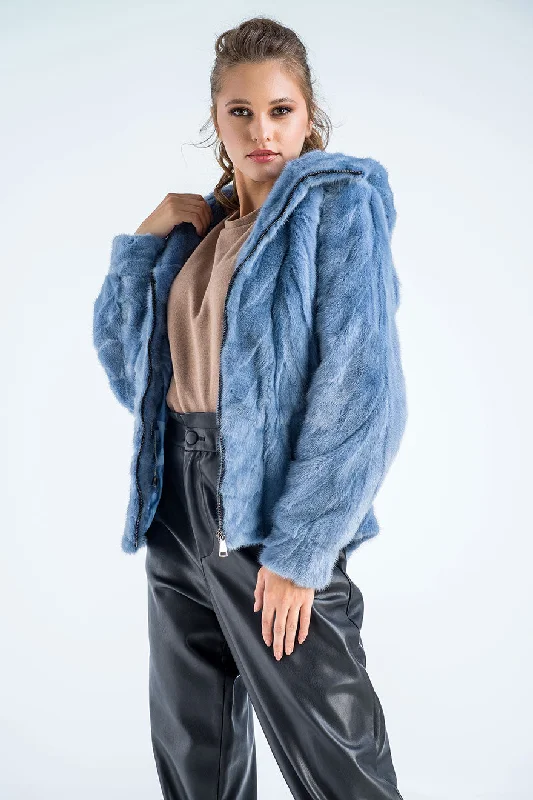 Elegant evening gowns under 100-Blue Genuine Mink Fur Hooded Jacket