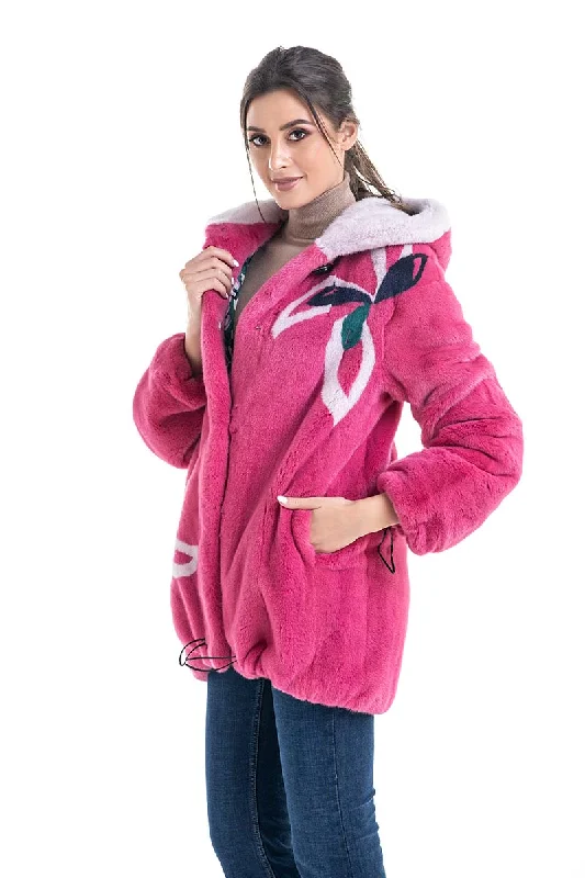 Soft cotton dresses for spring-Fuchsia Floral Patterned Genuine Hooded Mink Fur Coat