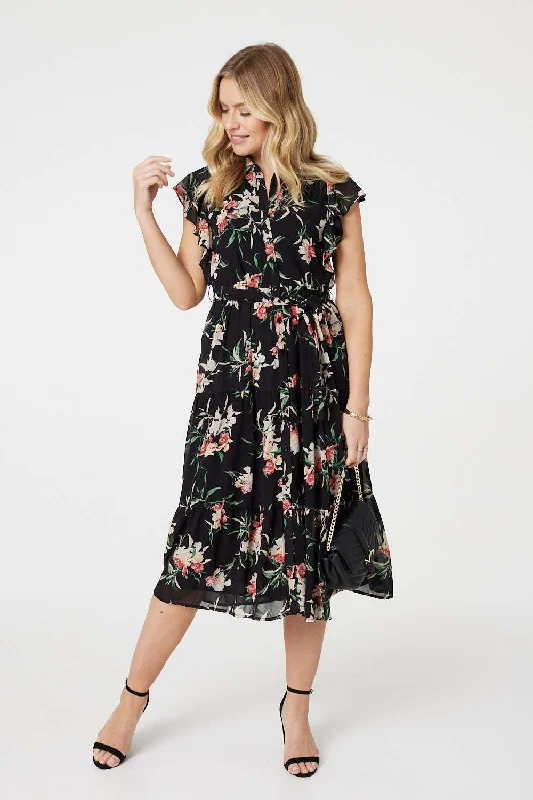 Elegant wrap tops for evening-Floral Angel Sleeve Shirt Dress