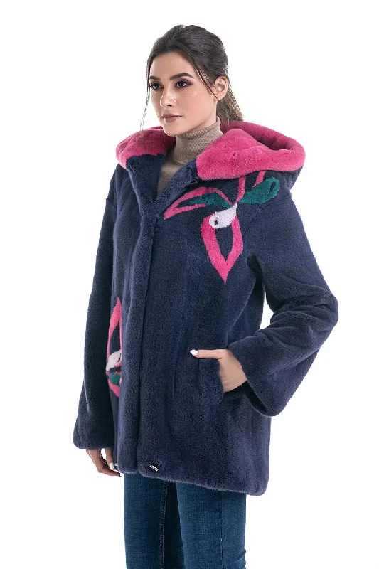 Designer trench coats on discount-Purple Floral Patterned Genuine Hooded Mink Fur Coat