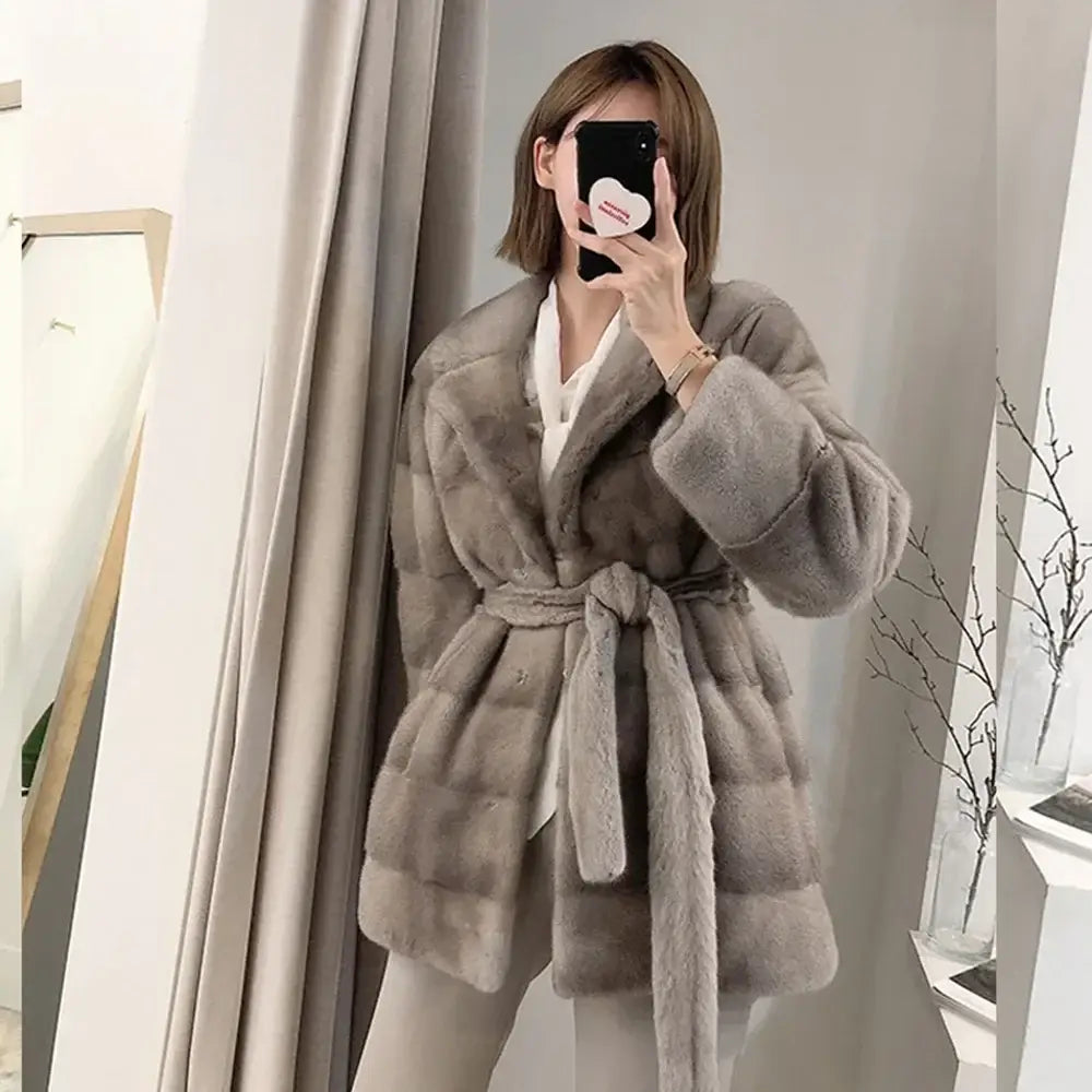 Bold animal print tops-Fancy Warm Mink Fur Coat for Women