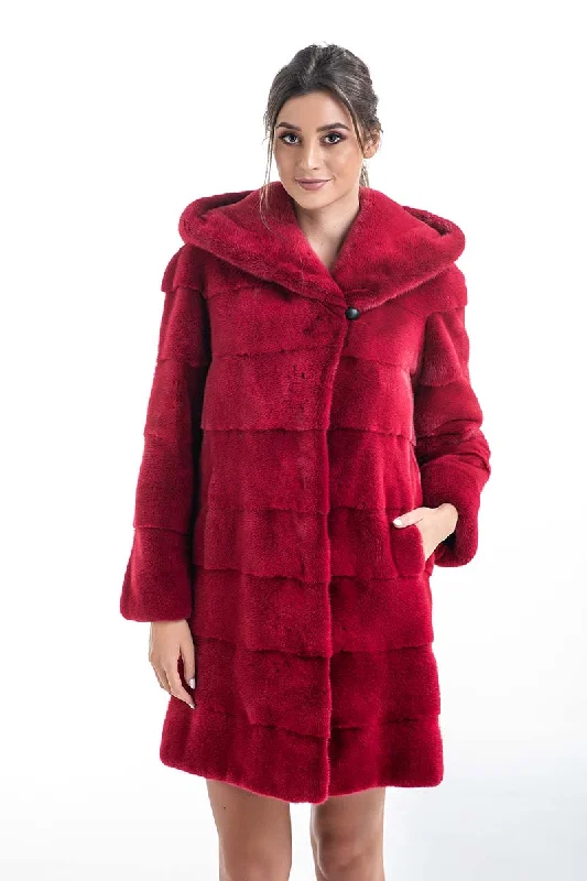 Stylish high-low dresses-Red Genuine Mink Fur Midi Hooded Coat